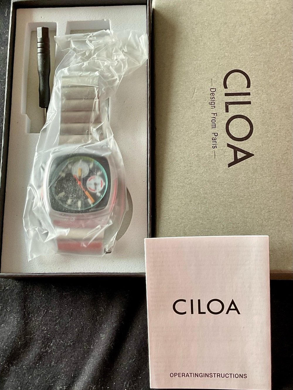 NIB Black Vintage Style Ciloa Chronograph S/S Still In Plastic Protection